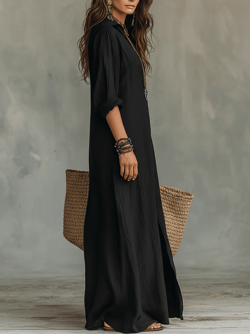 Collared Button Placket Long Sleeve Linen Side Slit Shirt Maxi Dress