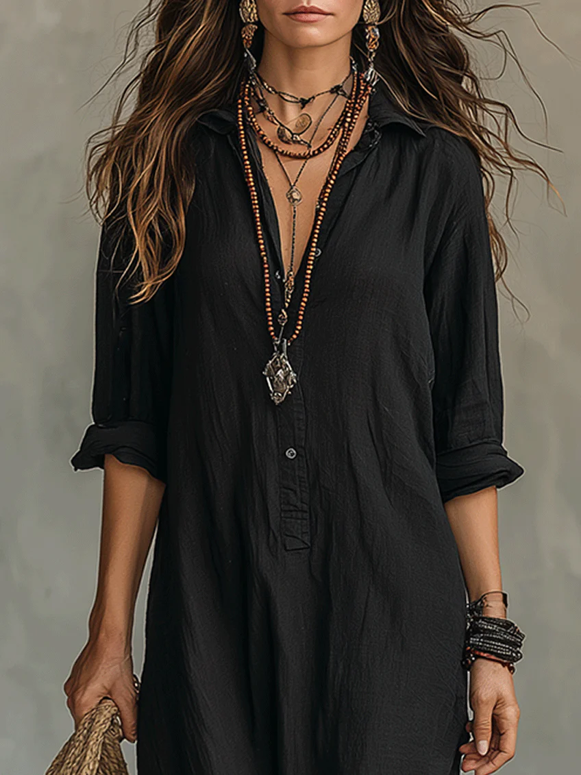 Collared Button Placket Long Sleeve Linen Side Slit Shirt Maxi Dress