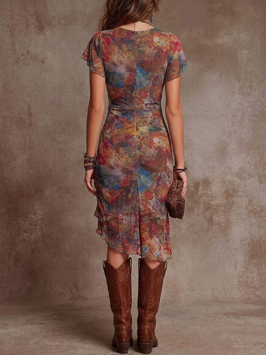 Rust Red Plunge V-Neck Flutter Sleeve Floral Ruched High Slit Bodycon Midi Dress