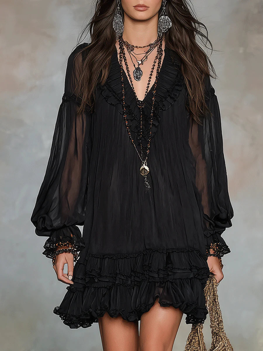 V-Neck Ruffle Trim Chiffon Bishop Sleeve Tiered Ruffle Mini Dress