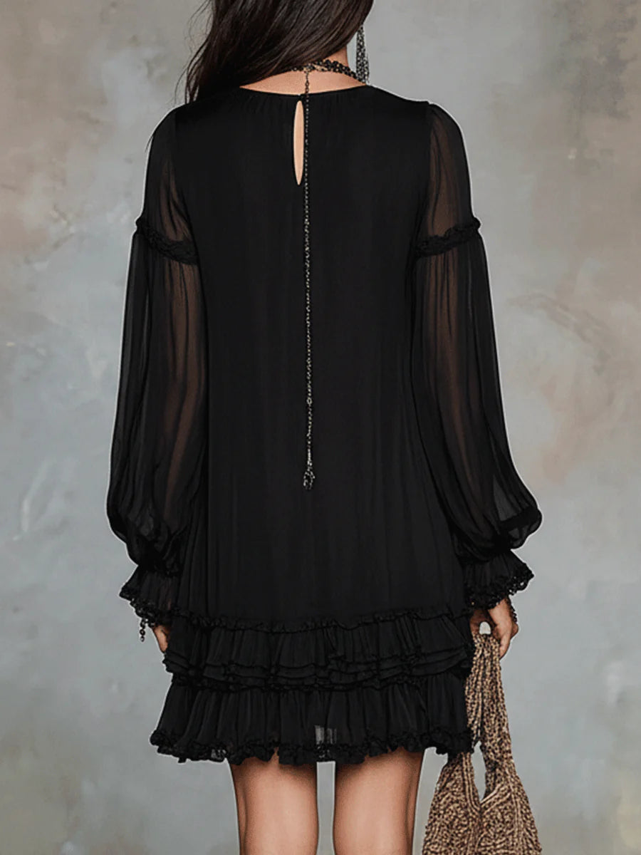 V-Neck Ruffle Trim Chiffon Bishop Sleeve Tiered Ruffle Mini Dress 2