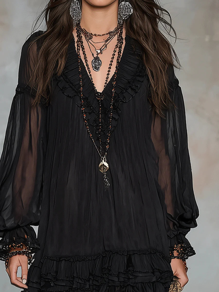 V-Neck Sheer Balloon Sleeve Ruffle Tiered Mini Dress 5