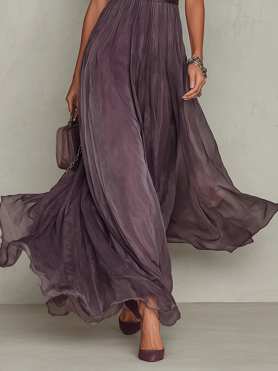 Purple Lace Trim Keyhole Neck Puff Sleeve Chiffon Flowy Maxi Gown