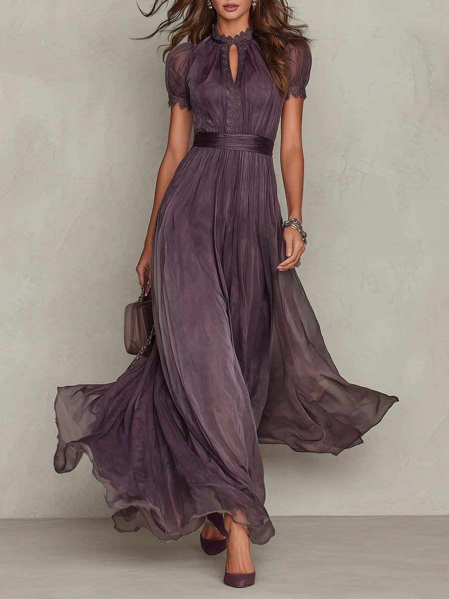 Purple Lace Trim Keyhole Neck Puff Sleeve Chiffon Flowy Maxi Gown