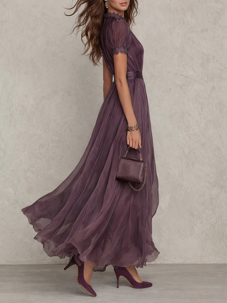 Purple High Neck Keyhole Lace Trim Chiffon Flowy Maxi Gown 2