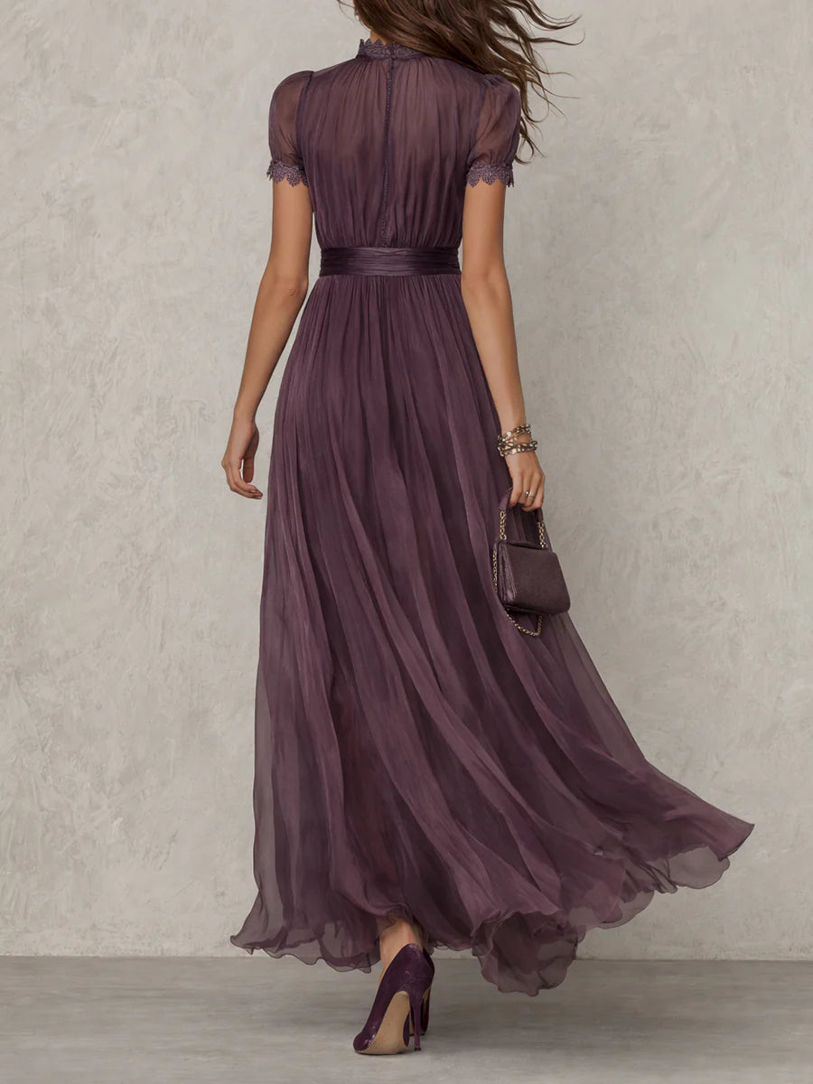 Purple Keyhole Lace Trim Short Sleeve Chiffon A-Line Maxi Dress 3