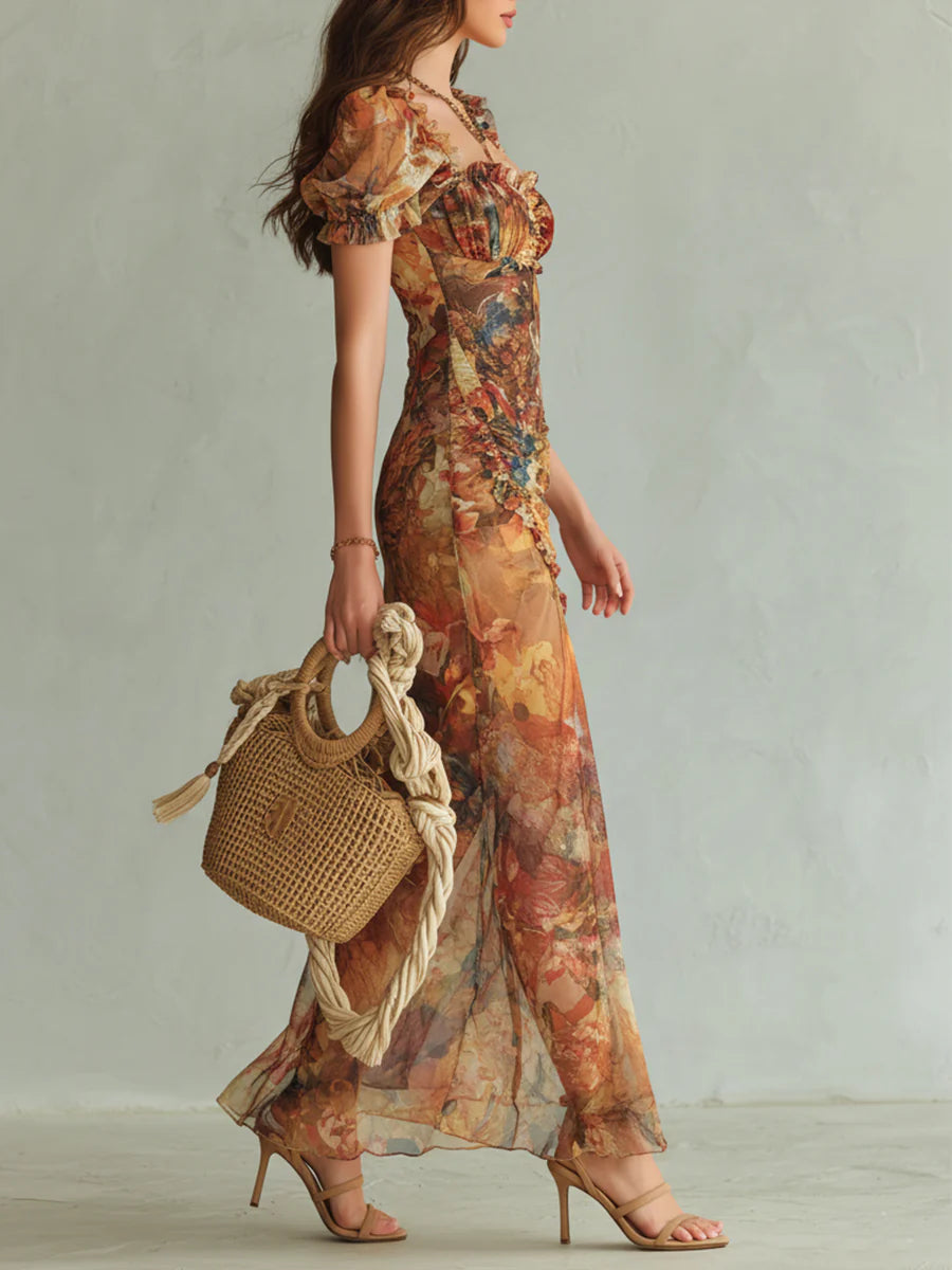 Orange Sweetheart Puff Sleeve Floral Ruched High Slit Mermaid Maxi Dress 3