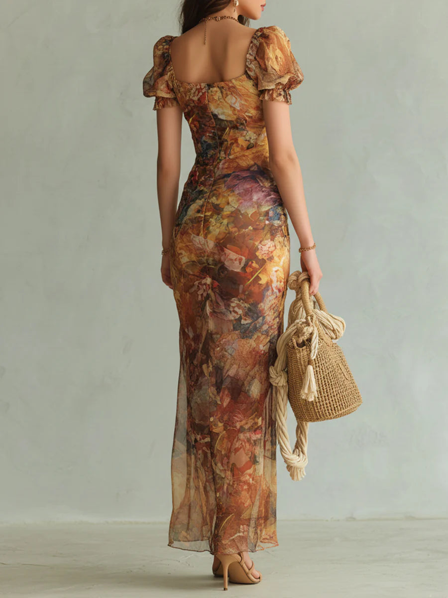 Orange Square Neck Ruffle Puff Sleeve Floral Ruched High Slit Maxi Dress