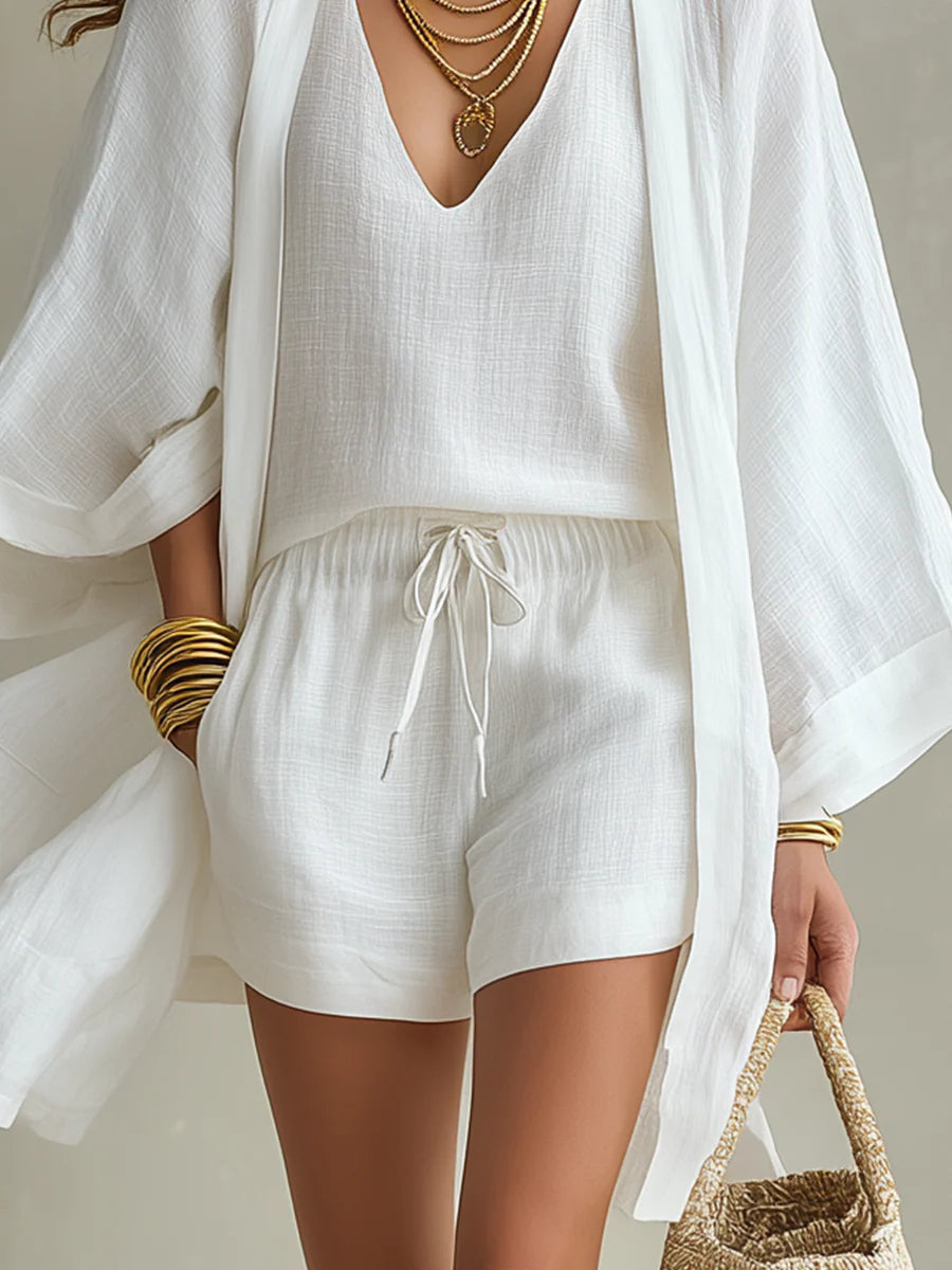 V-Neck Linen Kimono Top And Drawstring Shorts Set 5