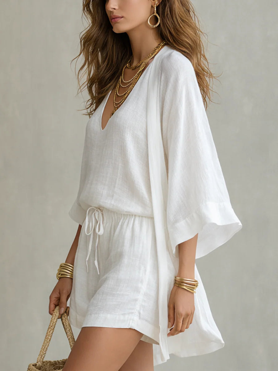V-Neck Linen Kimono Top And Drawstring Shorts Set 2