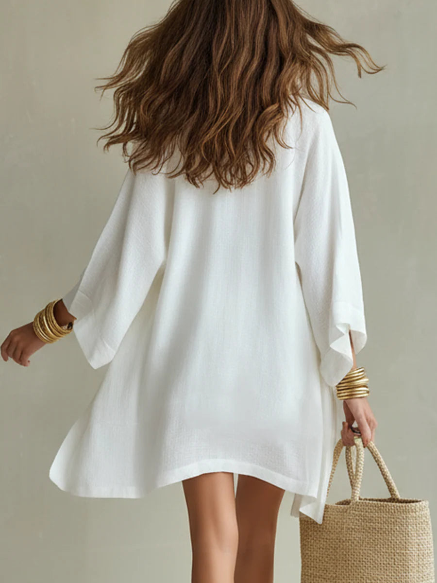 V-Neck Linen Kimono Top And Drawstring Shorts Set 3