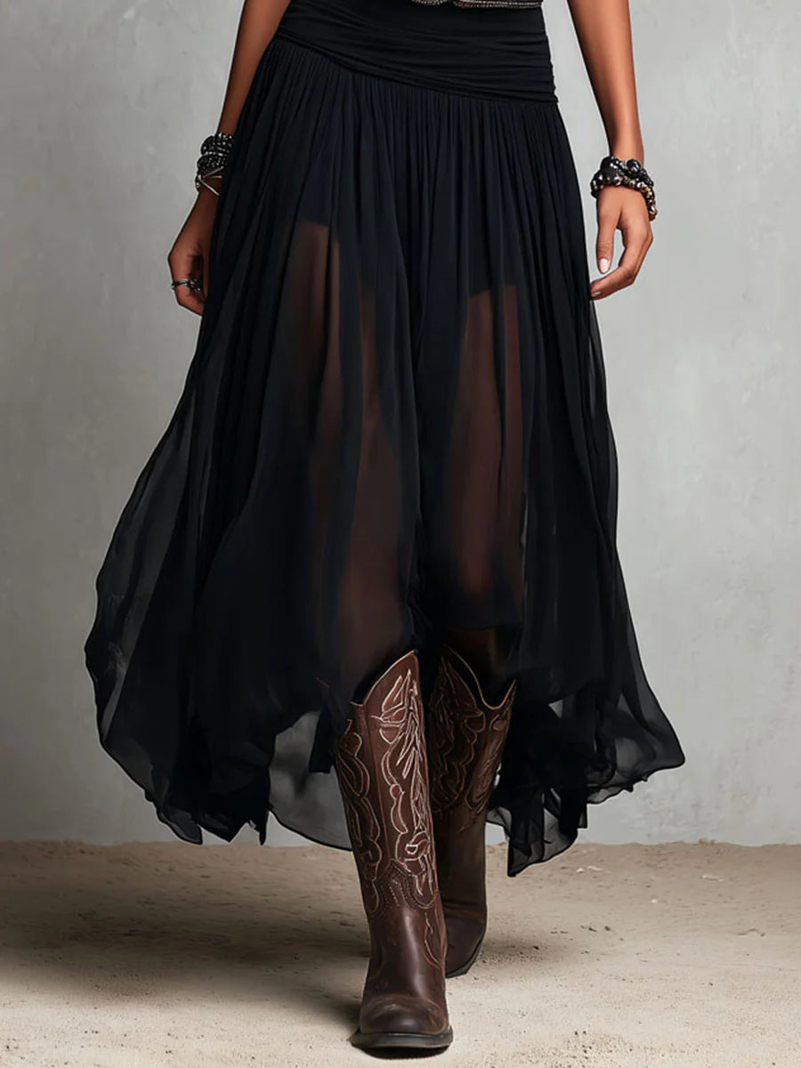 Black Scoop Neck Sleeveless Tank Sheer Tulle Handkerchief Hem Maxi Dress