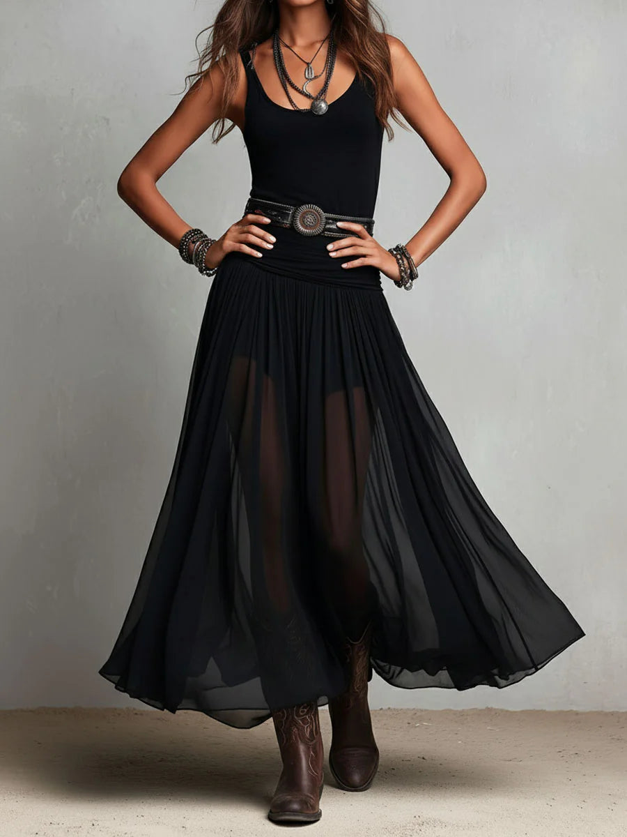 Black Scoop Neck Sleeveless Tank Sheer Tulle Handkerchief Hem Maxi Dress