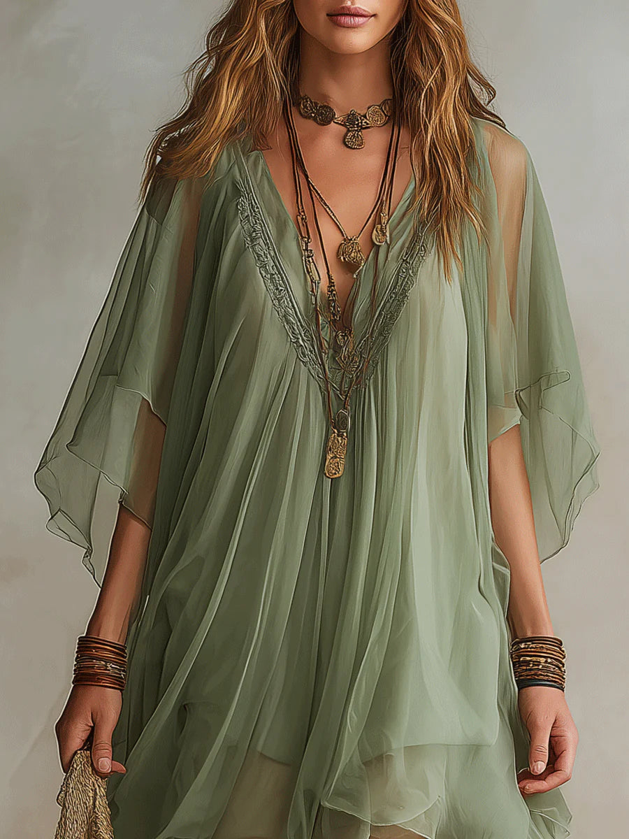 Green V-Neck Flutter Sleeve Layered Ruffle Chiffon Mini Dress 5