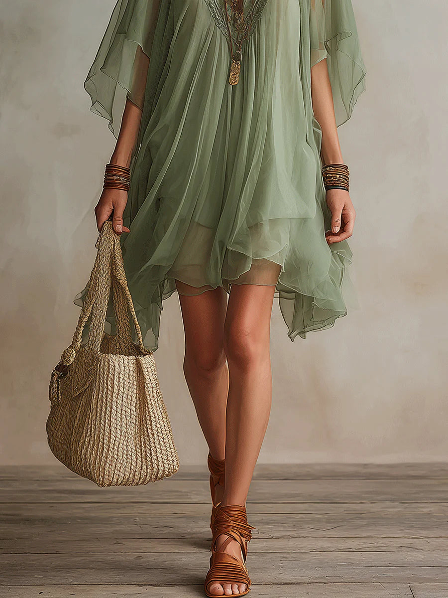 Green V-Neck Flutter Sleeve Layered Ruffle Chiffon Mini Dress 6