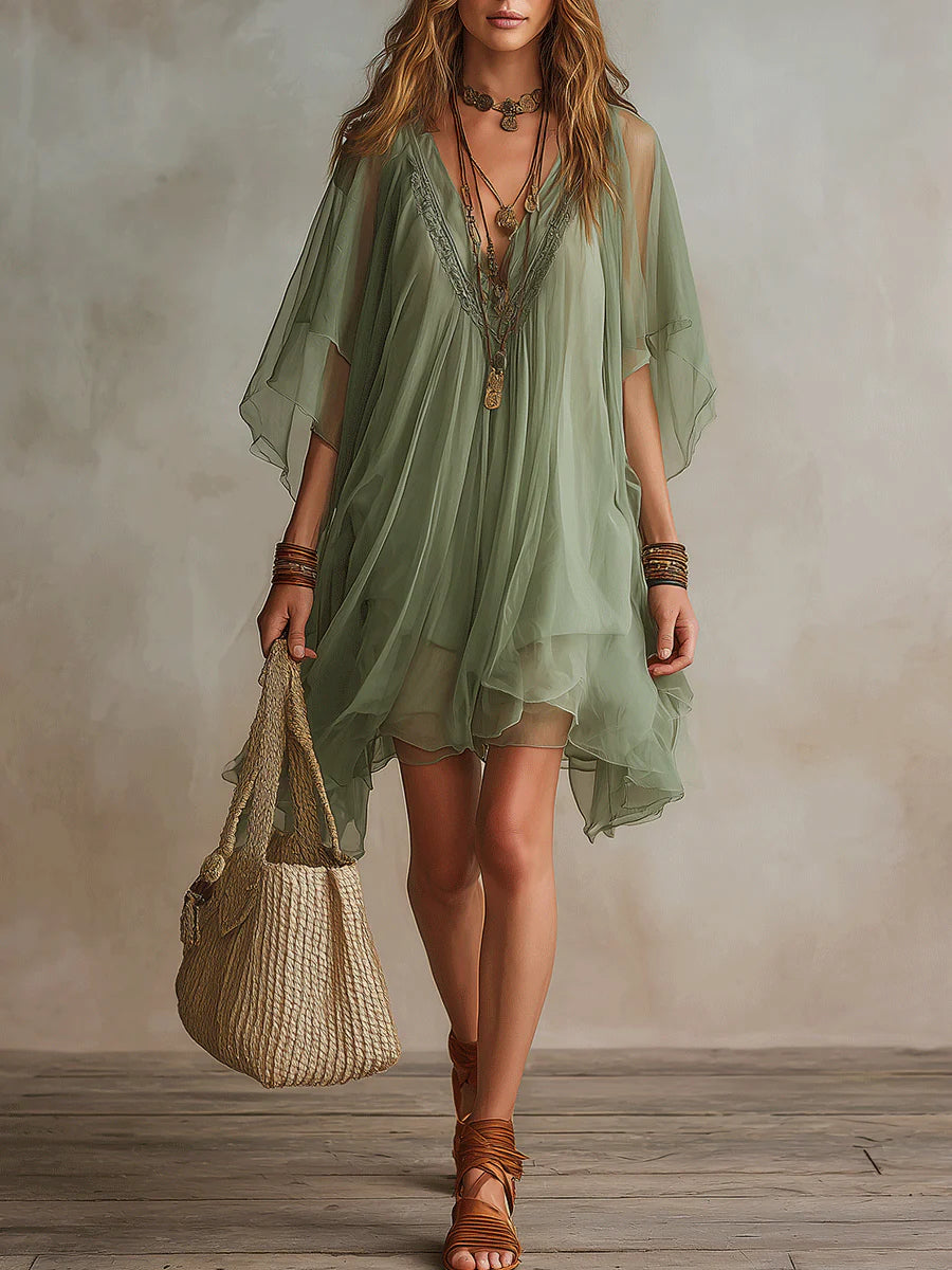 Green V-Neck Flutter Sleeve Layered Ruffle Chiffon Mini Dress