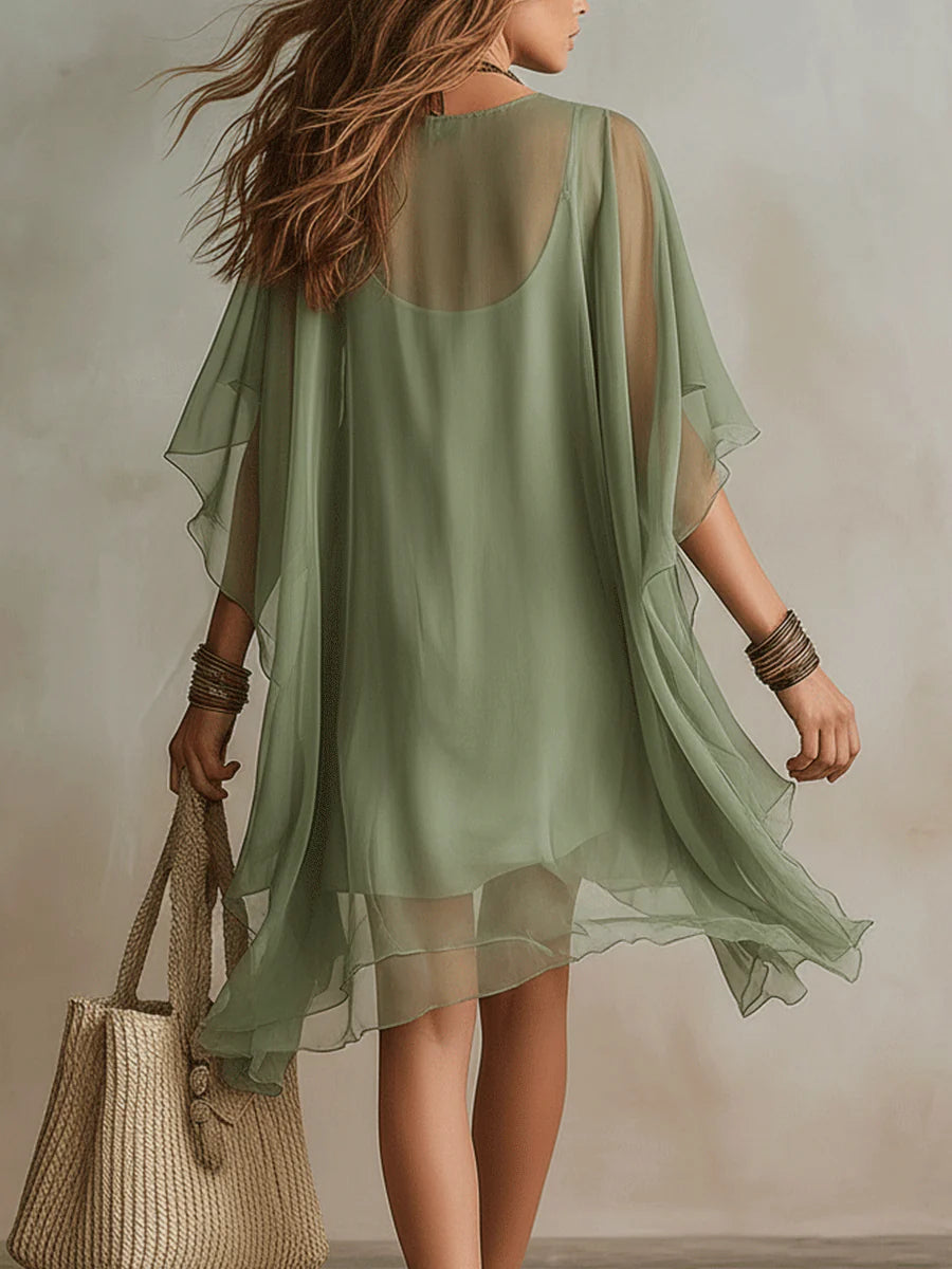 Green V-Neck Flutter Sleeve Layered Ruffle Chiffon Mini Dress 3