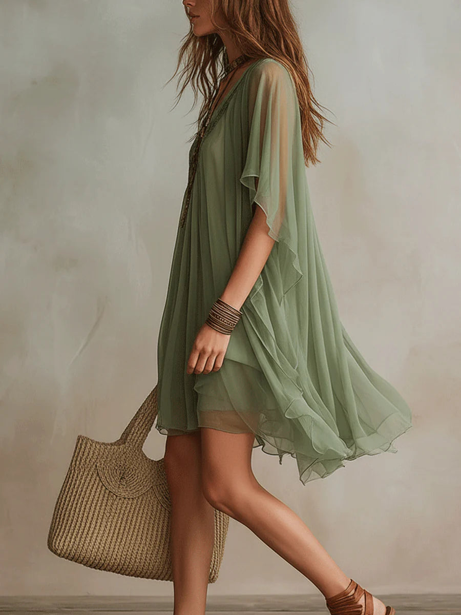 Green V-Neck Flutter Sleeve Layered Ruffle Chiffon Mini Dress 2