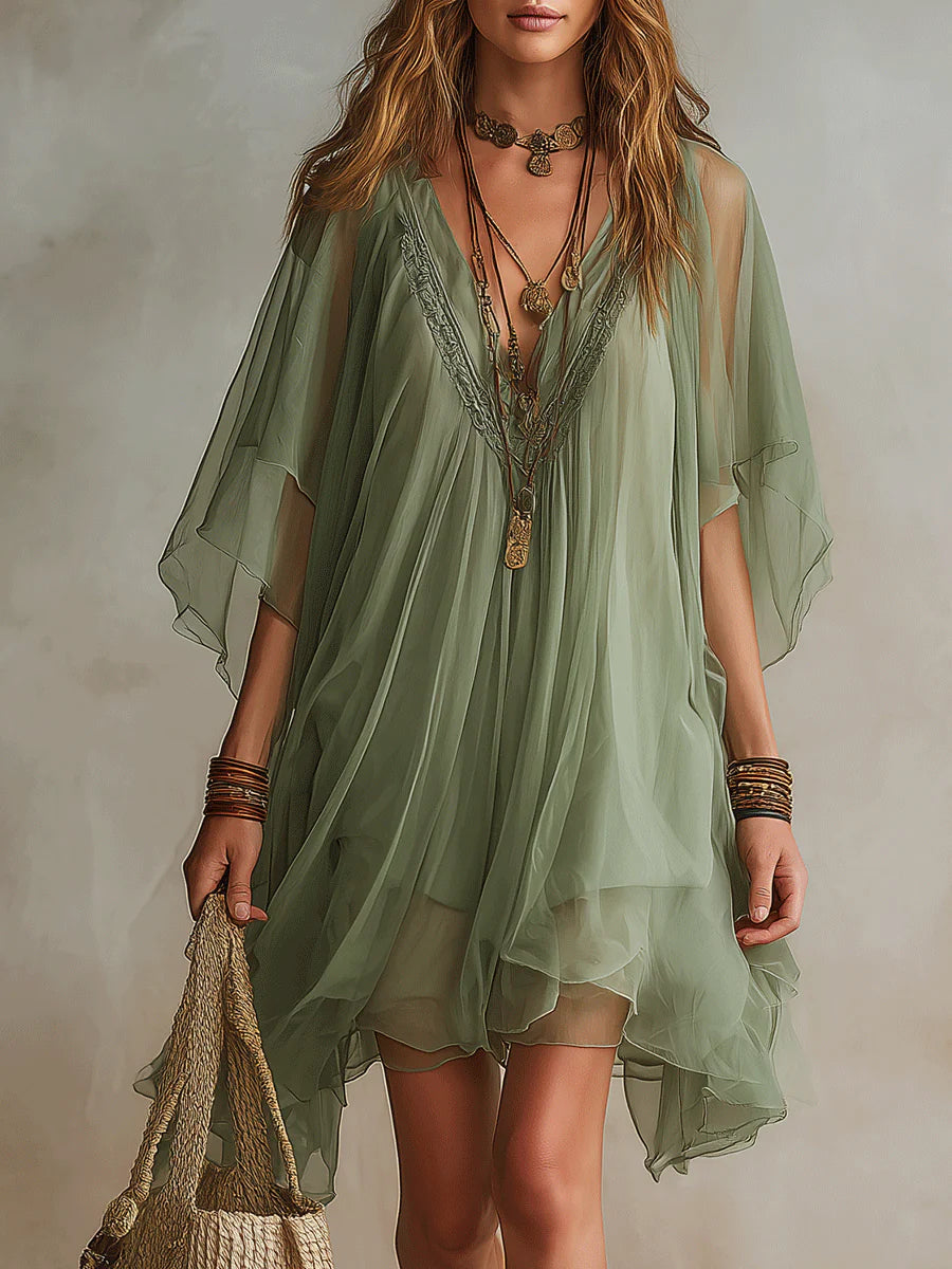 Green V-Neck Flutter Sleeve Layered Ruffle Chiffon Mini Dress 4