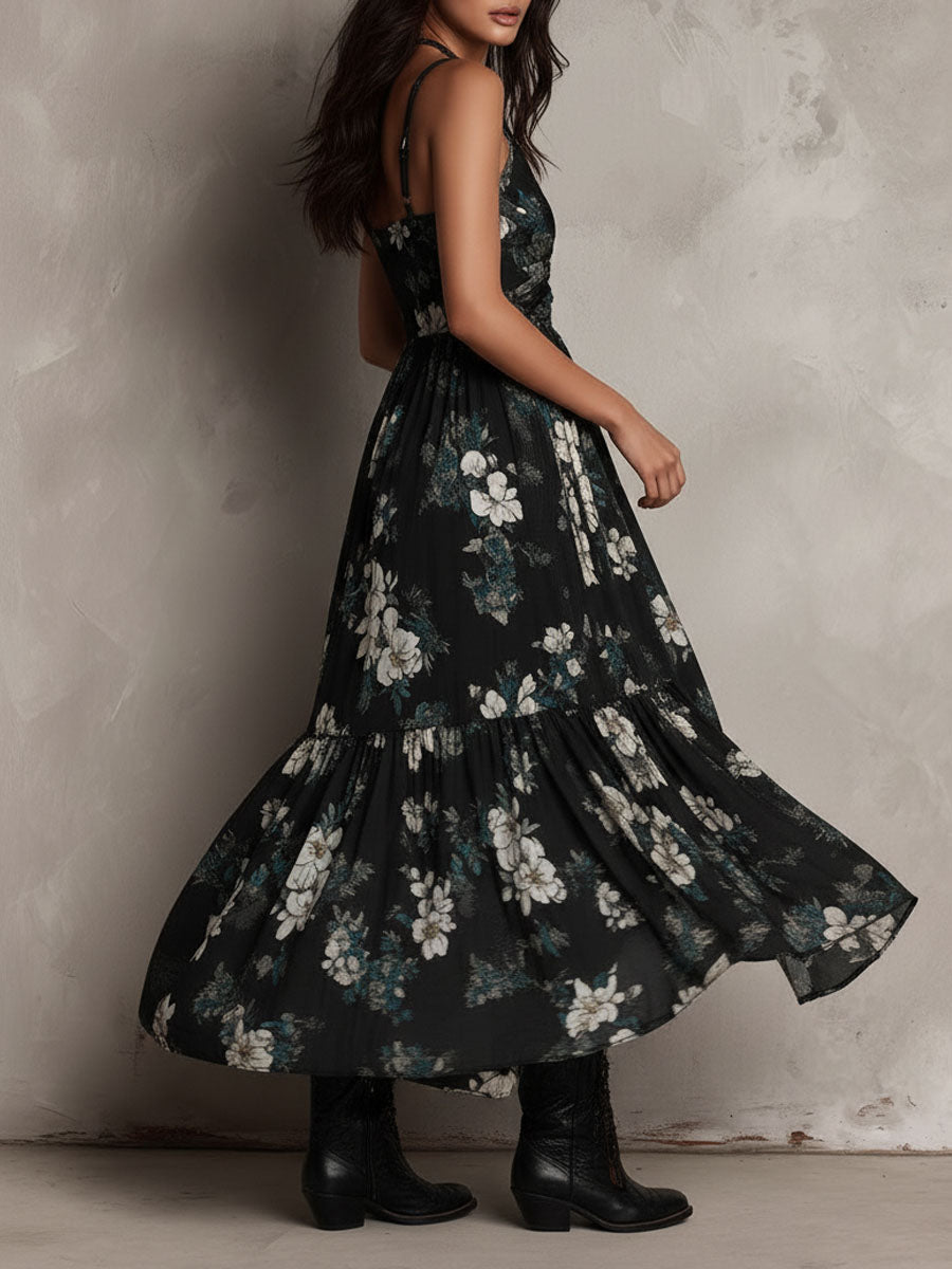 Black Spaghetti Strap V-Neck Floral Ruched Ruffle High-Low Maxi Dress 5