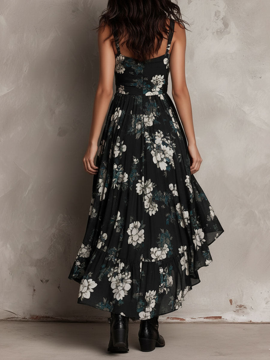 Black Spaghetti Strap V-Neck Floral Ruched Ruffle High-Low Maxi Dress 6
