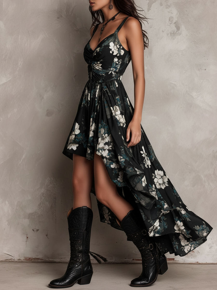 Black Spaghetti Strap V-Neck Floral Print Ruffle Tiered High-Low Maxi Dress