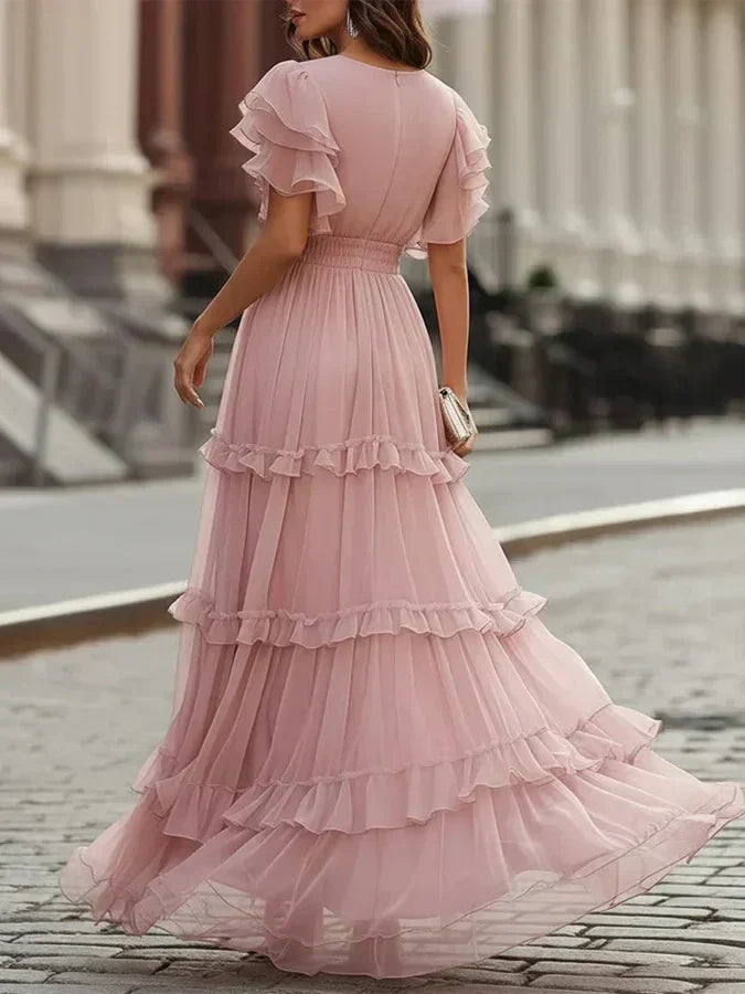 Light Pink V-Neck Flutter Sleeve Pleated Tiered Ruffle Chiffon Maxi Gown