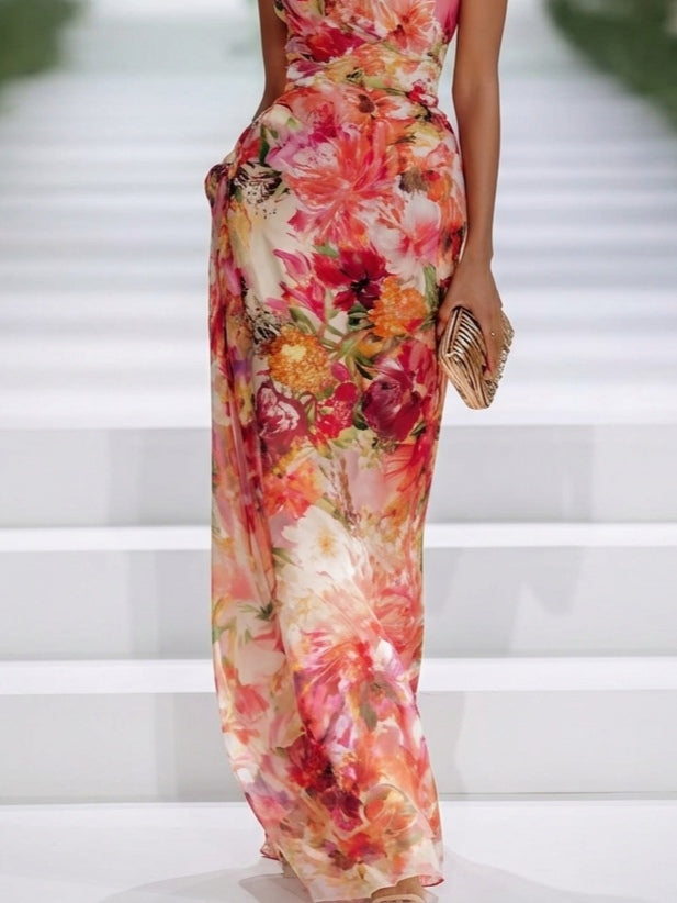 Red Halter Neck Floral Chiffon Sleeveless Ruched Column Maxi Dress 4