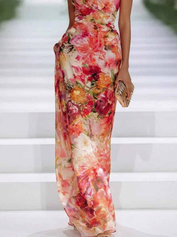 Red Halter Neck Sleeveless Floral Print Ruched Column Maxi Dress 4