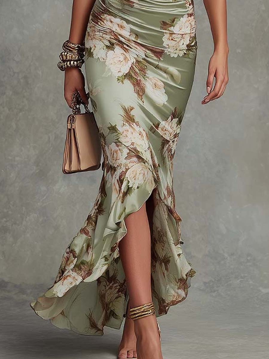 Green V-Neck Floral Flare Sleeve Ruched Satin Ruffle Hem Mermaid Maxi Dress
