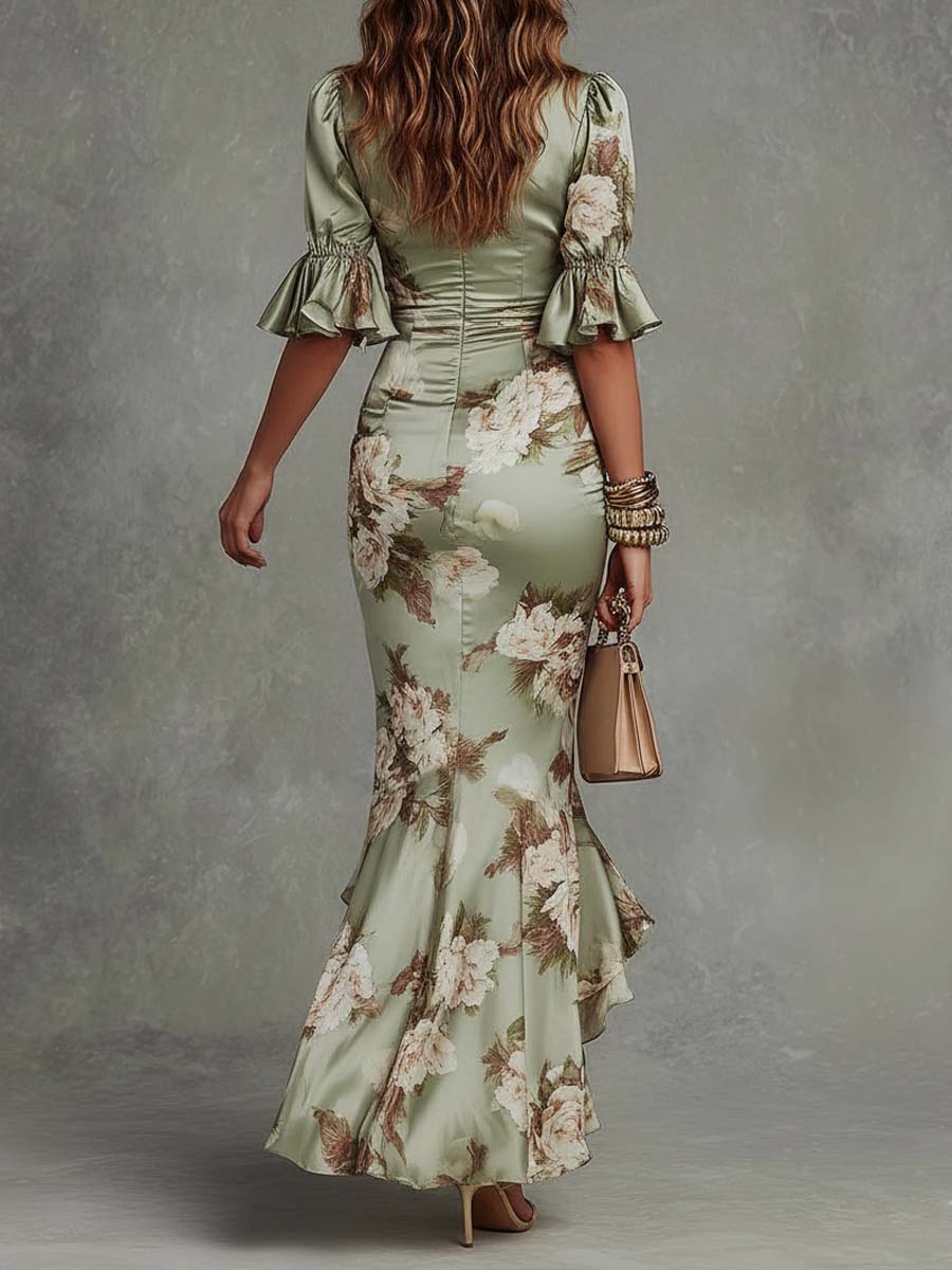 Green V-Neck Floral Satin Flounce Sleeve Ruched High Slit Mermaid Maxi Dress 3