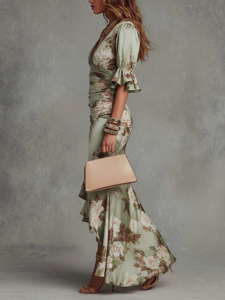 V-Neck Floral Satin Ruched Ruffle Sleeve High-Slit Mermaid Maxi Dress 2