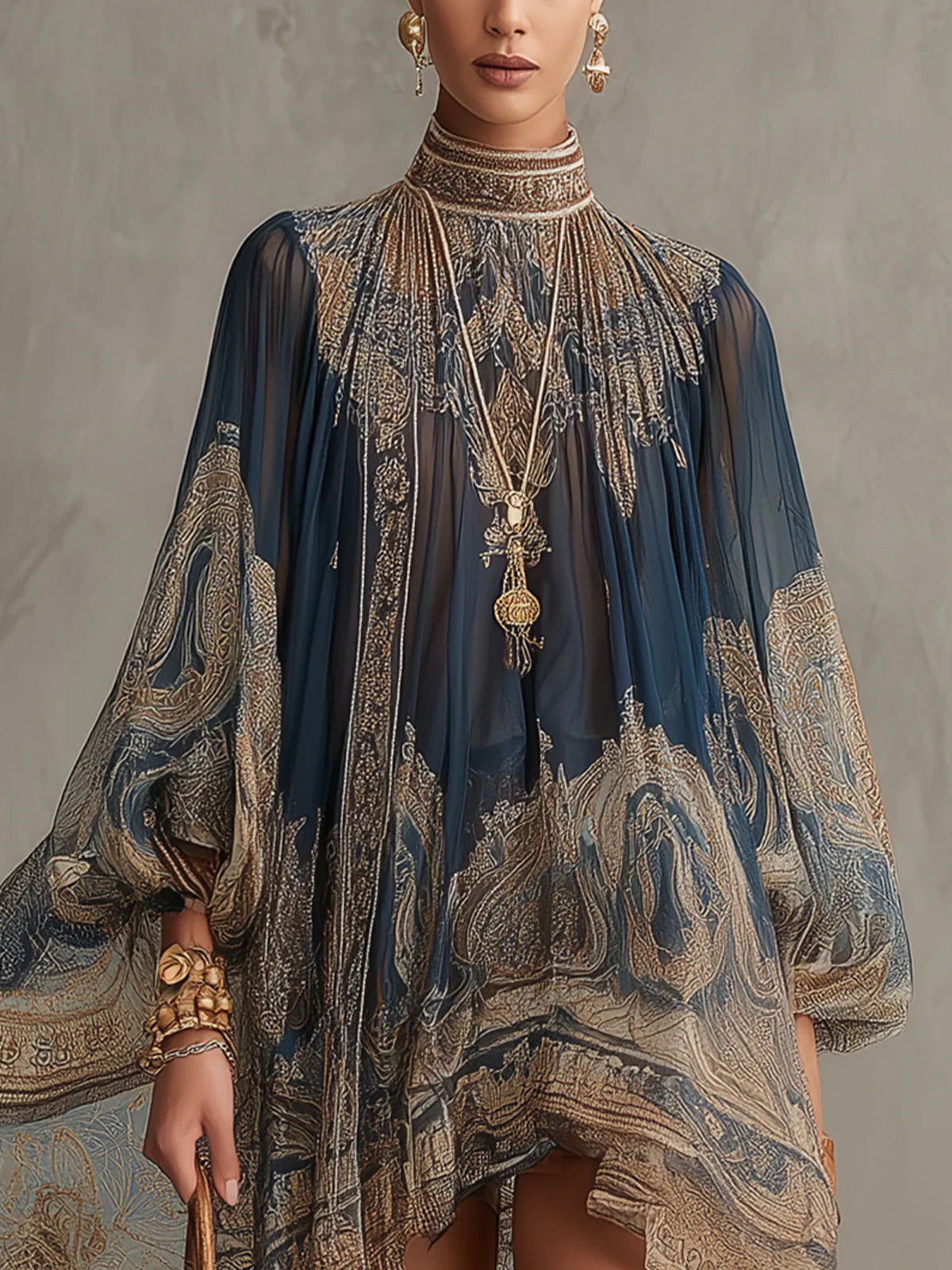 High Neck Long Sleeve Baroque Print Chiffon Flowy Mini Dress 2