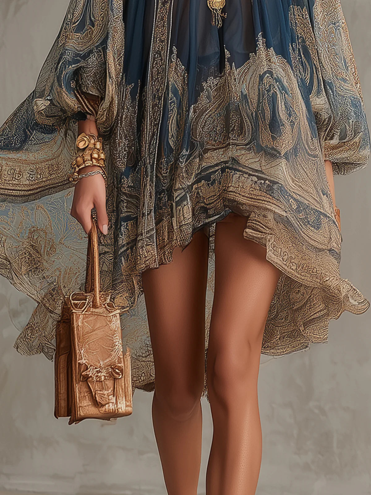High Neck Long Sleeve Baroque Print Chiffon Flowy Mini Dress 3