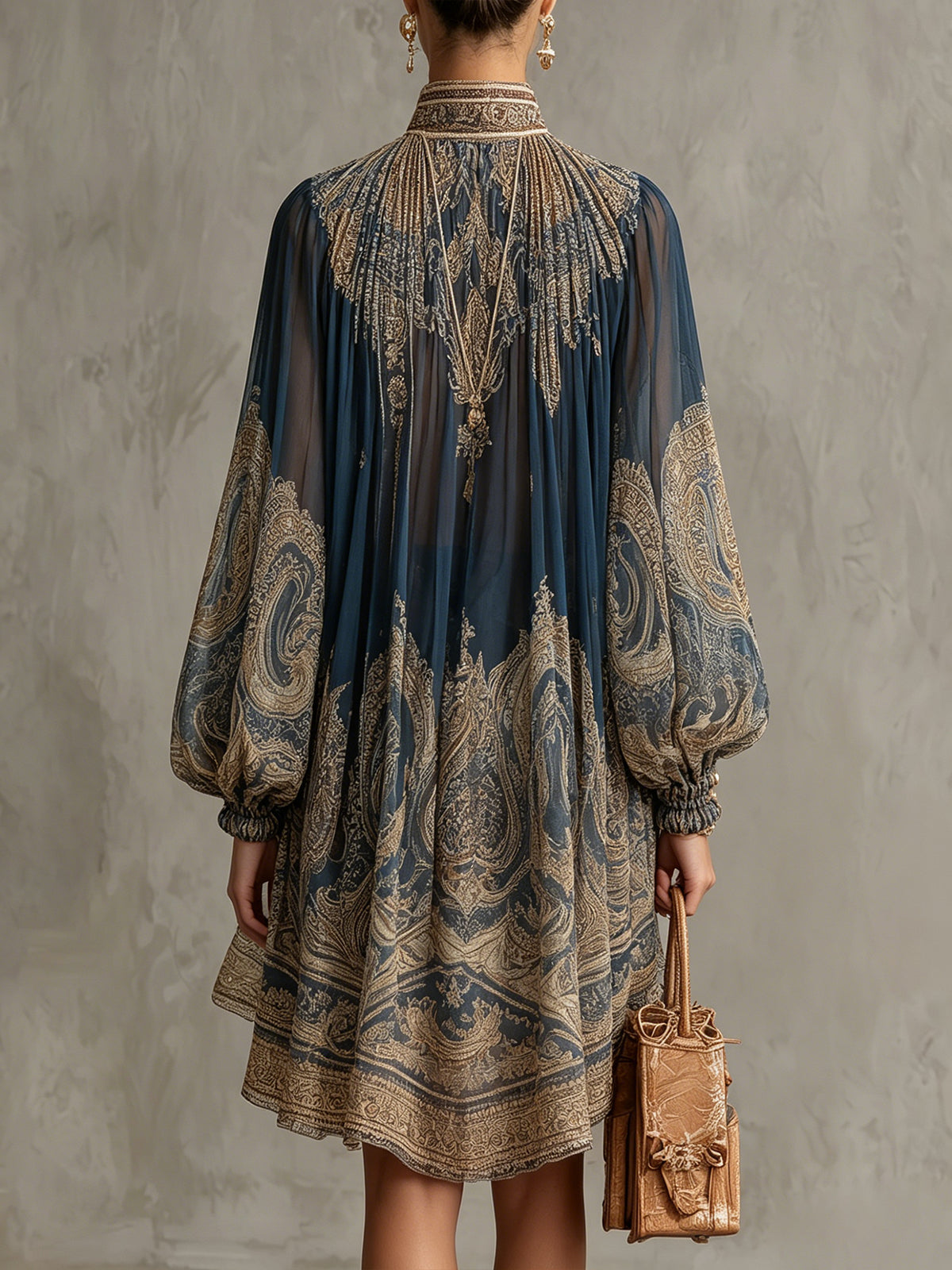 Navy High Neck Lantern Sleeve Baroque Print Chiffon High-Low Mini Dress 2