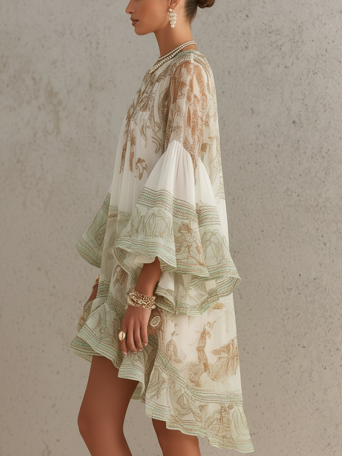 Green Round Neck Baroque Print Balloon Sleeve Ruffle Hem Chiffon Mini Dress 3