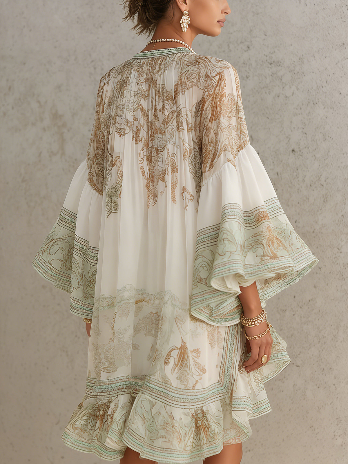 Green Round Neck Baroque Print Balloon Sleeve Ruffle Hem Chiffon Mini Dress 2