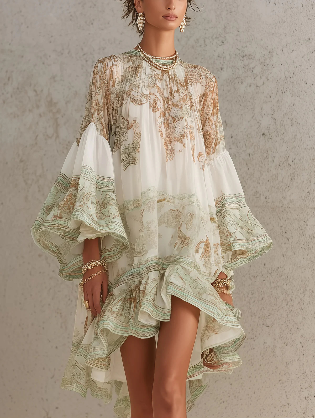 Green Mock Neck Flounce Sleeve Ruffle Hem Chiffon Mini Dress