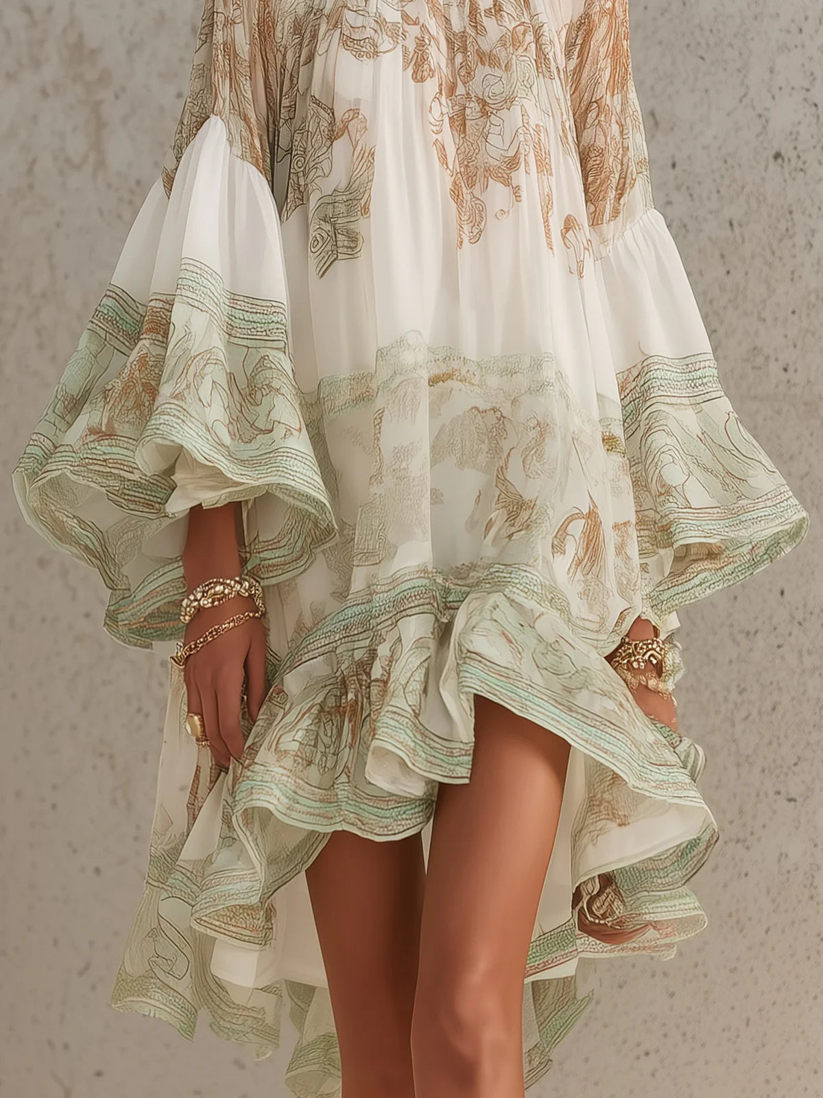 Green Round Neck Flounce Sleeve Printed Chiffon Ruffle Hem Mini Dress 5
