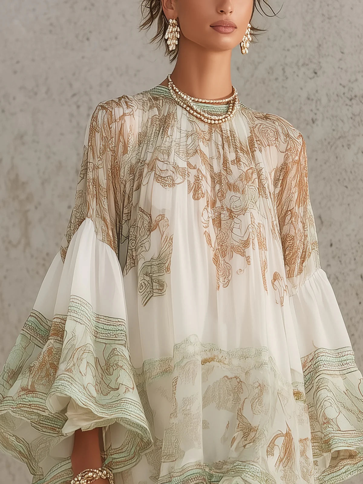 Green Round Neck Flounce Sleeve Printed Chiffon Ruffle Hem Mini Dress 4