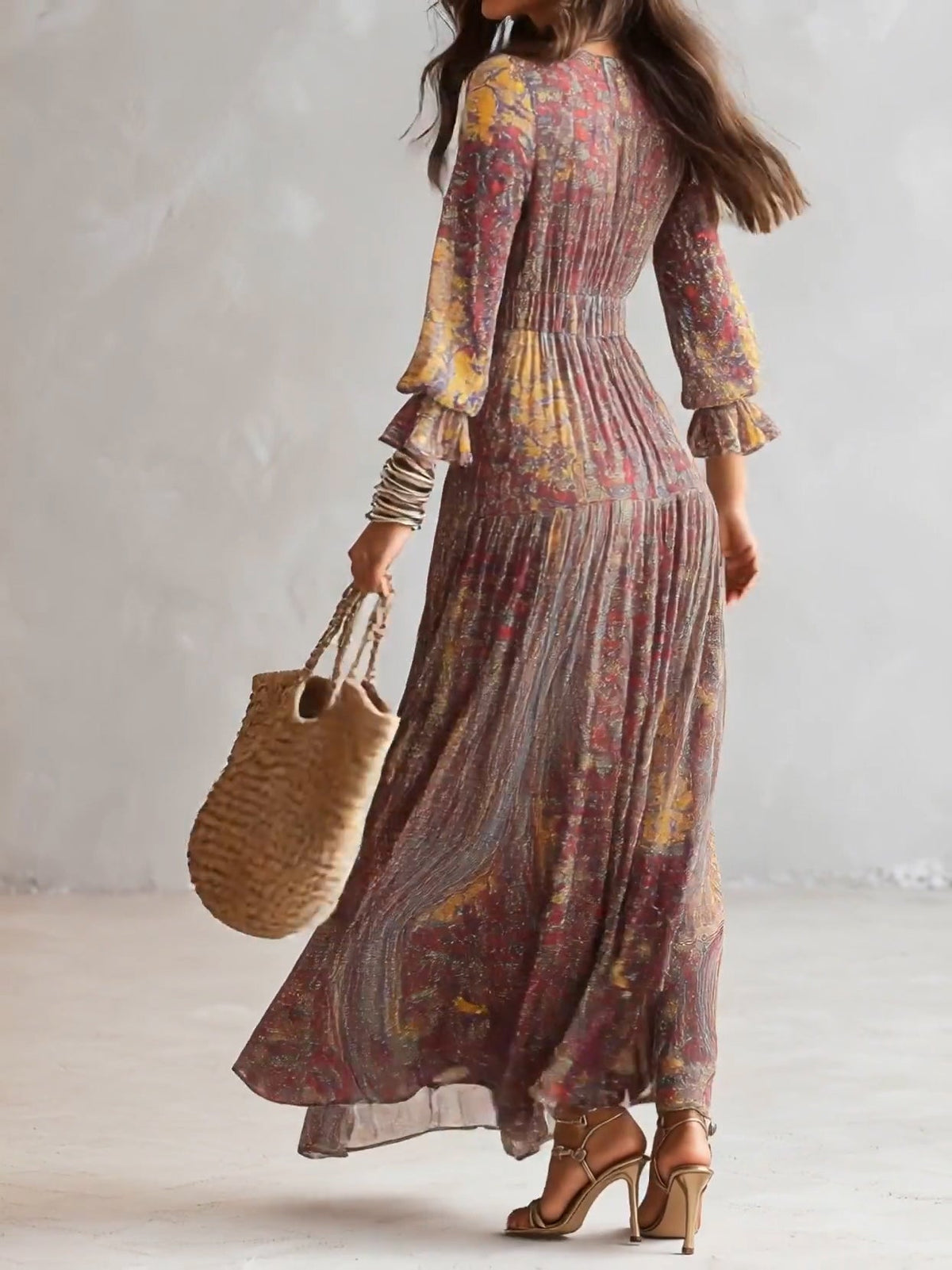 Multicolor Deep V-Neck Paisley Print Long Sleeve Drawstring Flowy Maxi Dress 3