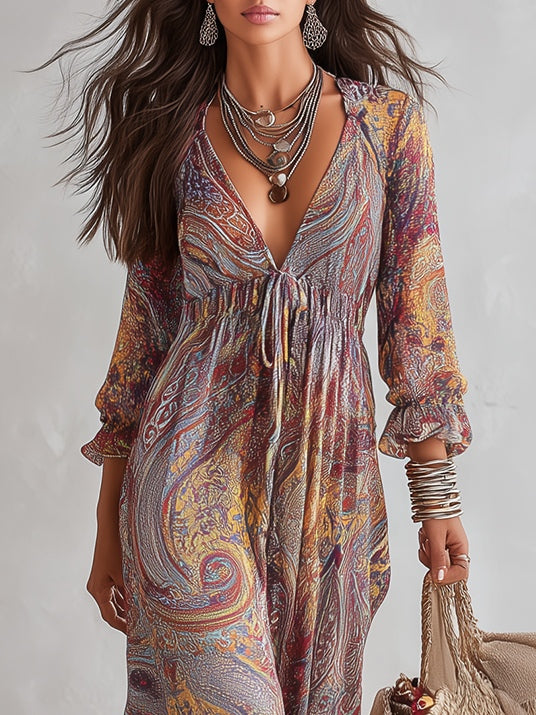 Multicolor V-Neck Tie Front Paisley Long Sleeve Flowy Maxi Dress 4