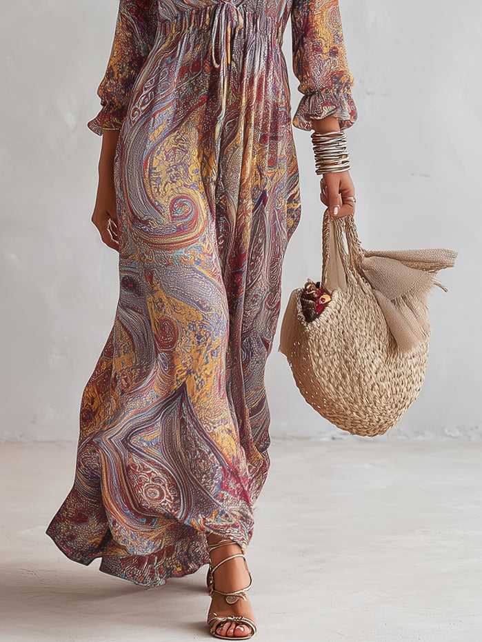 Multicolor Deep V-Neck Paisley Print Long Sleeve Drawstring Flowy Maxi Dress 5