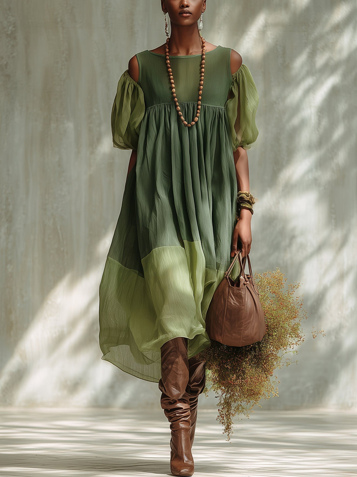 Green Round Neck Cold Shoulder Puff Sleeve Chiffon Babydoll Midi Dress