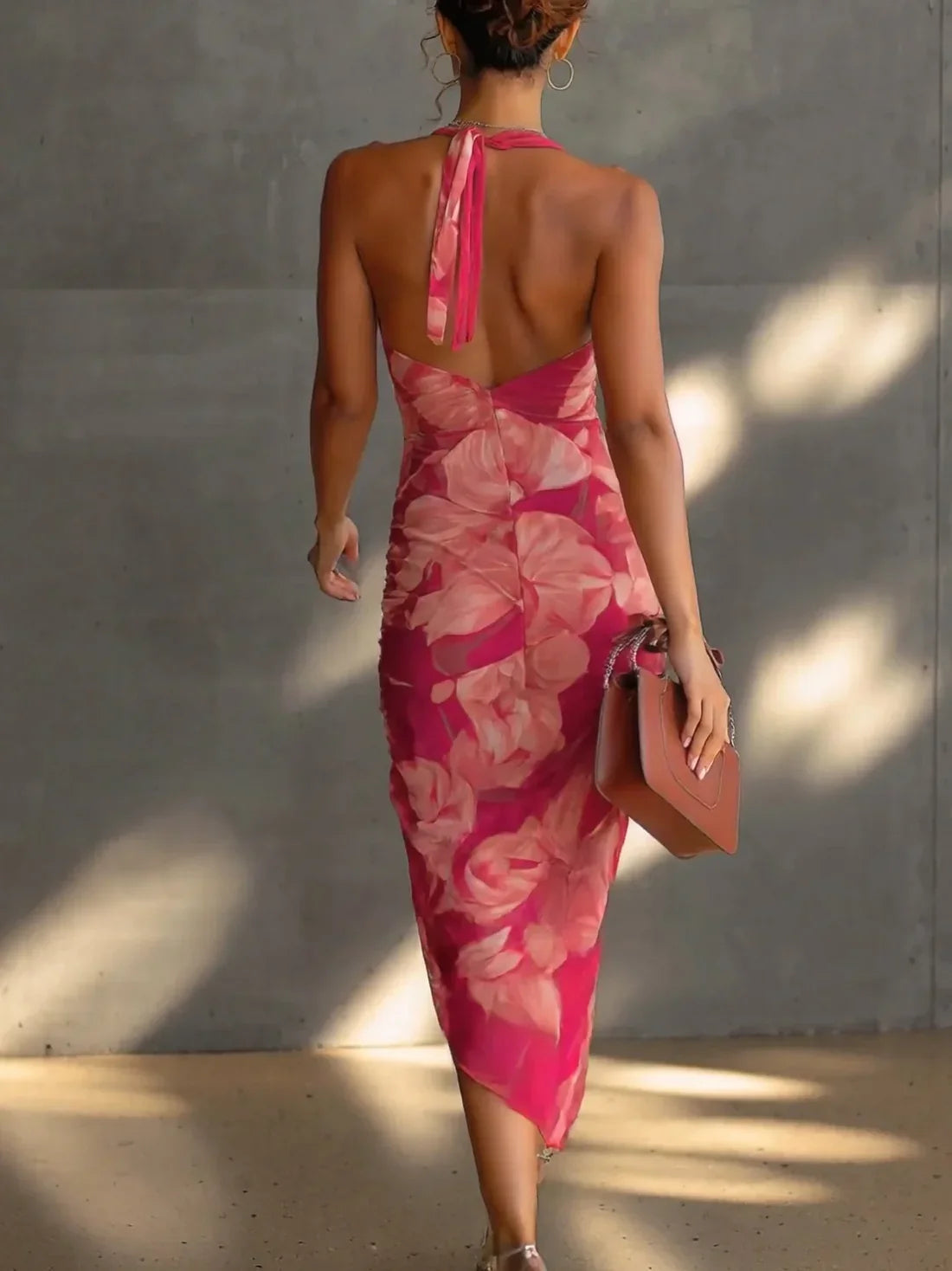 Pink Halter Cowl Neck Floral Ruched High Slit Bodycon Midi Dress 4