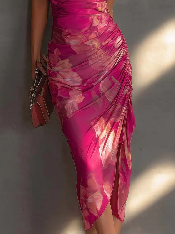 Fuchsia Halter Cowl Neck Floral Ruched Side Slit Bodycon Midi Dress