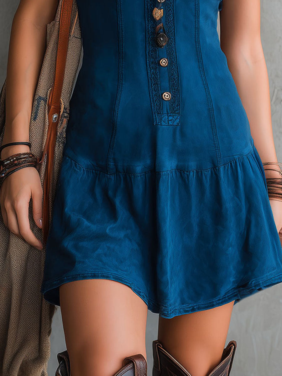 Indigo Deep V-Neck Button Front Sleeveless Drop Waist Ruffle Mini Dress 6