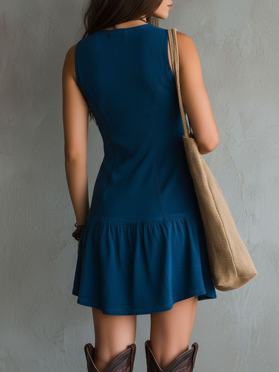 Indigo Deep V-Neck Button Front Sleeveless Drop Waist Ruffle Mini Dress 4