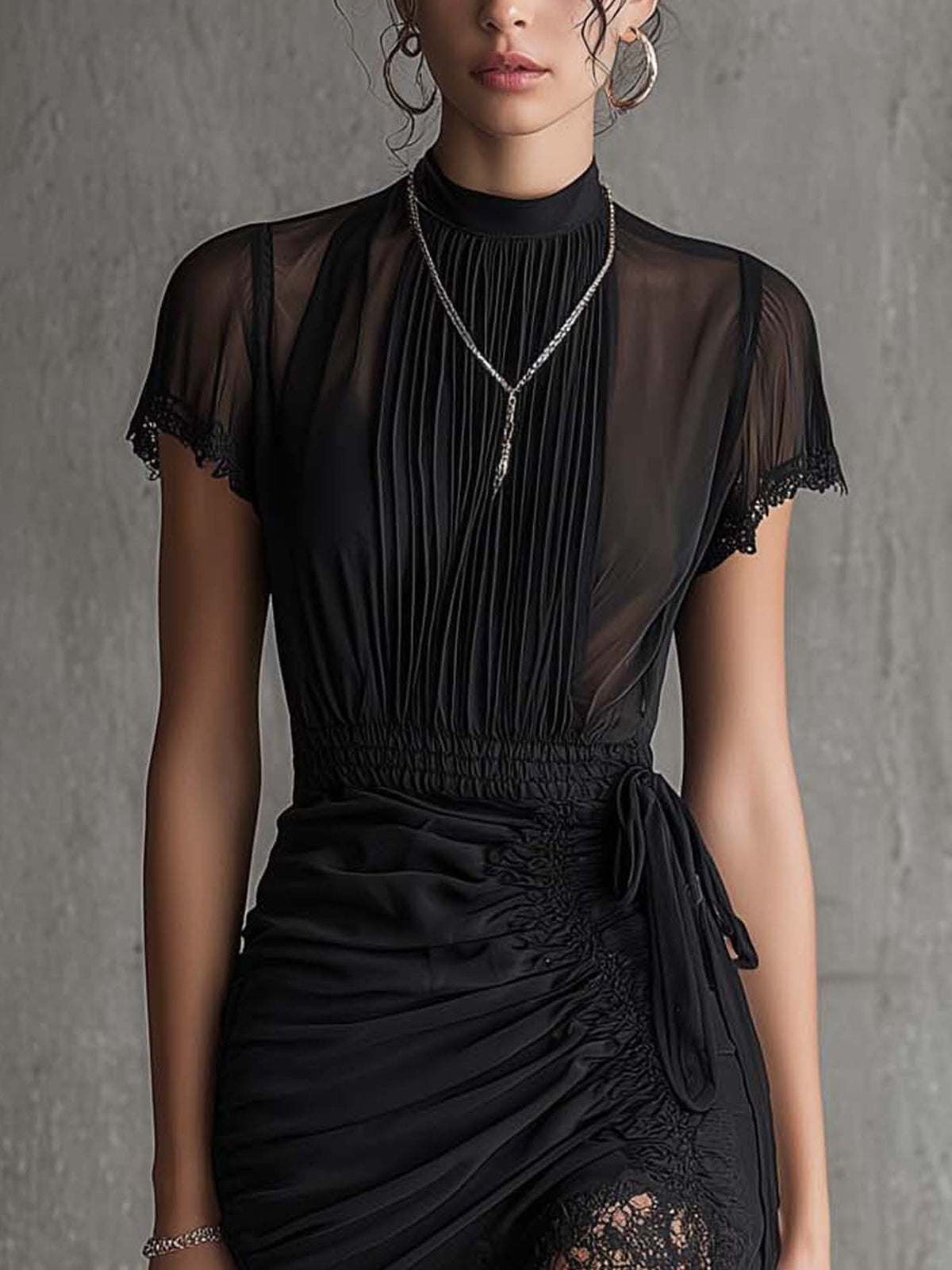 Black Mock Neck Sheer Mesh Pleated Ruched Lace Hem Bodycon Midi Dress