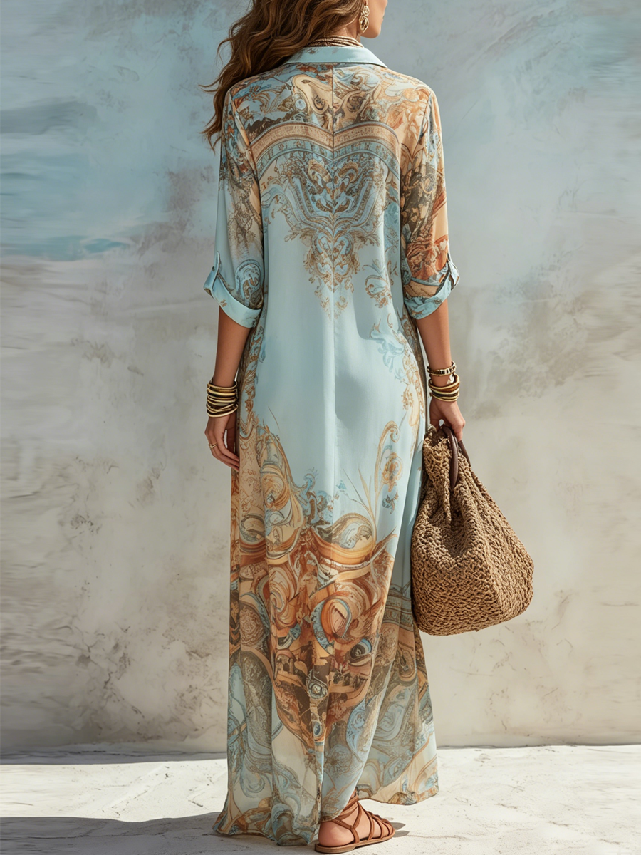 Blue Collared Button Front Baroque Print Chiffon Flowing Shirt Maxi Dress 3